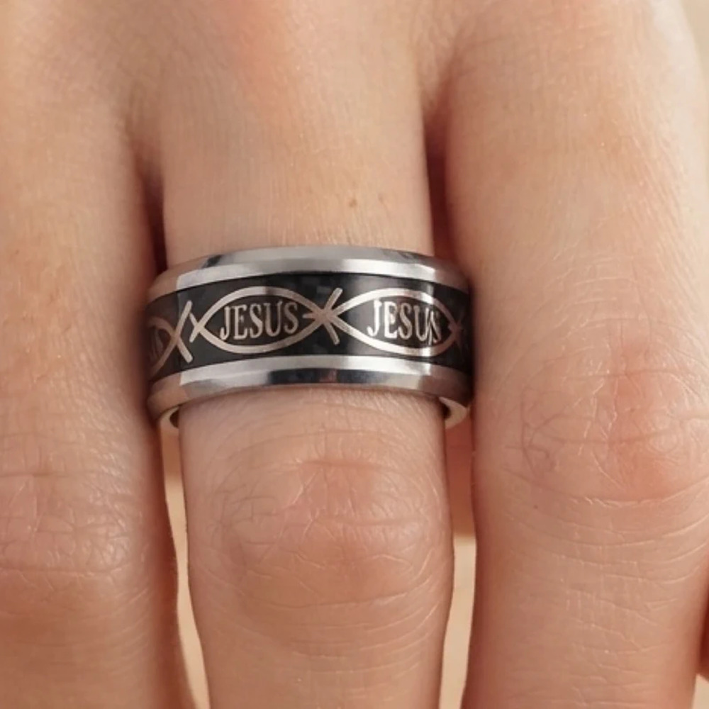Vintage Unisex Ring Cool Religious Ring Jesus and Fish Black and Silver Size 5